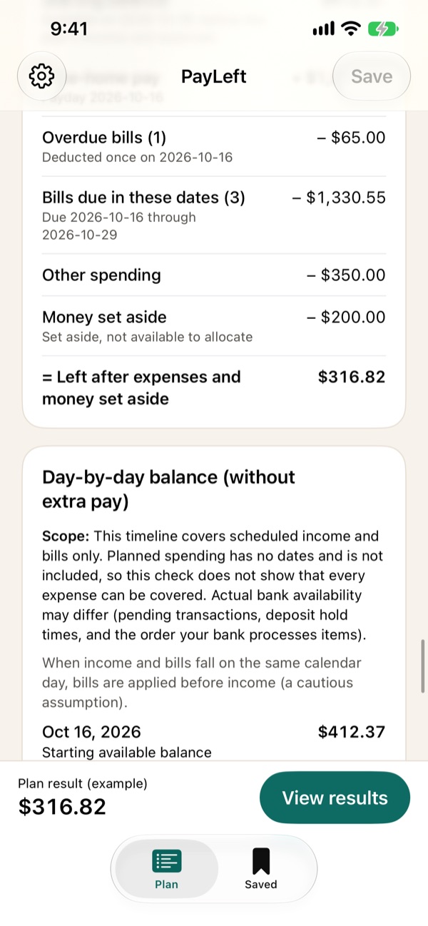 PayLeft breakdown: overdue bills, bills due, other spending and money set aside, ending in $316.82 left.
