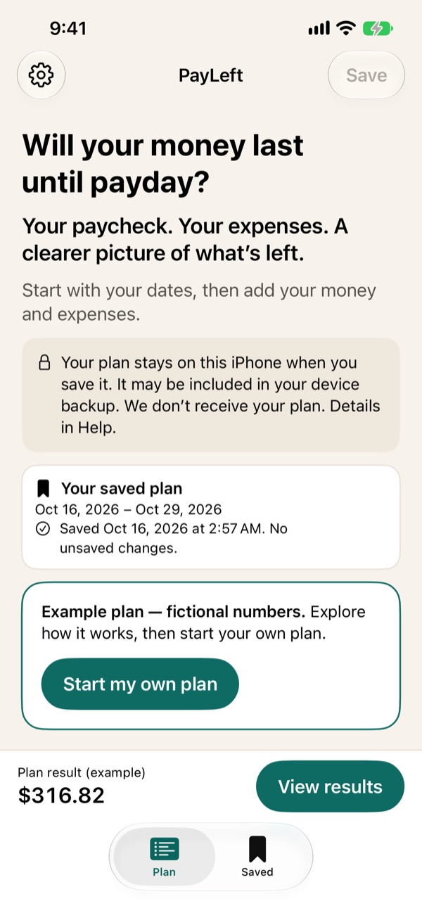 PayLeft Plan screen with the fictional example plan and a $316.82 result.