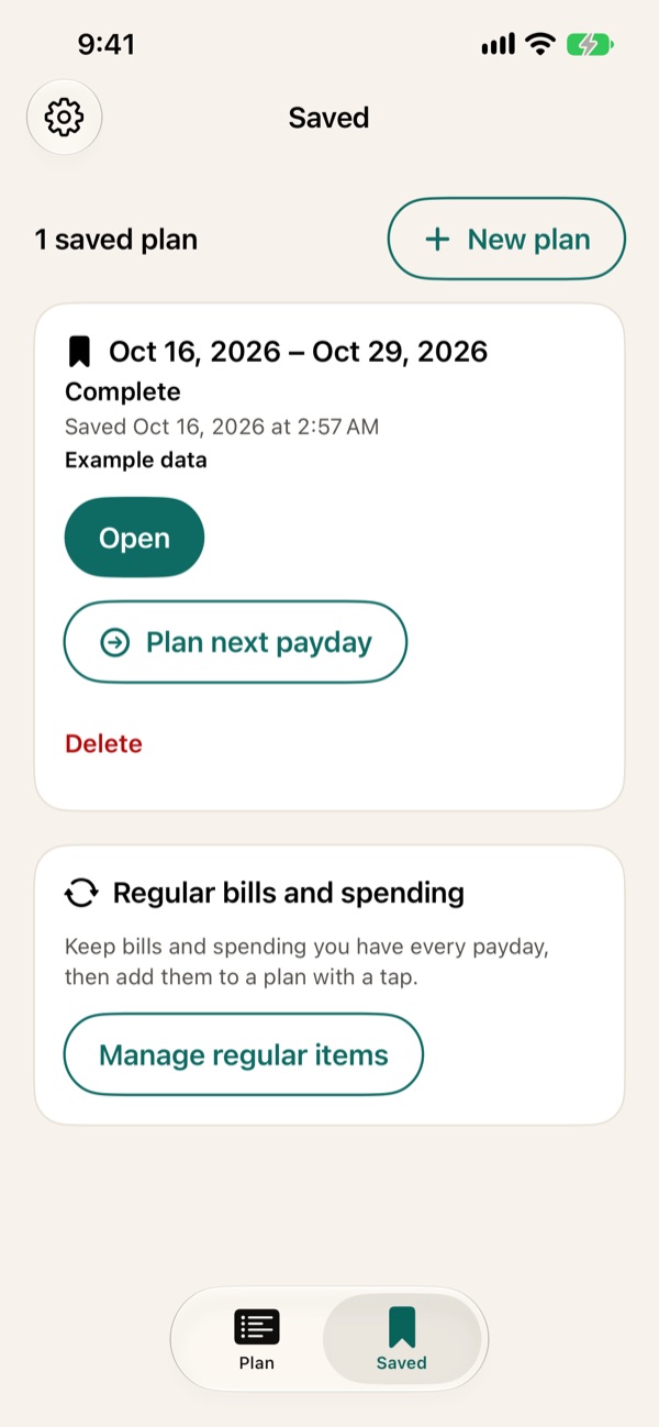 PayLeft Saved tab with one saved example plan, and Open, Plan next payday and Delete buttons.